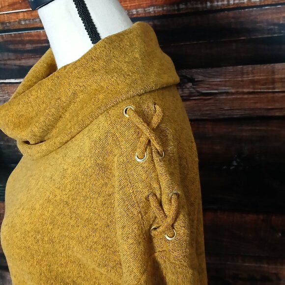 Ember Sweater S Cowl Turtleneck Mustard Gold Laced Shoulder Half Sleeve Soft - Picture 4 of 10